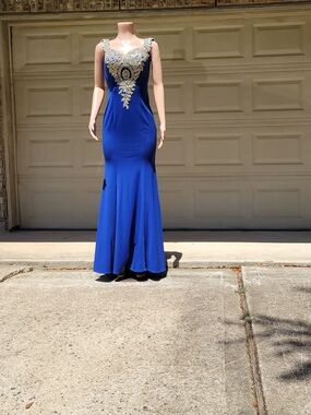 Anny Lee Blue Evening Gown with Gold Embellishment